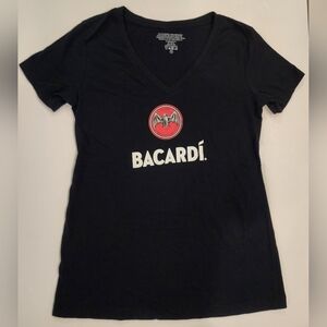Black Bacardi Rum Bat Logo V-neck T-shirt, Women's Medium, Soft Stretch Cotton